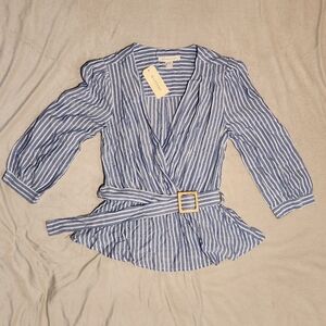 NWT Monteau Womens Blue & White Striped Wrap Blouse Deep V-neck Nautical Sz S